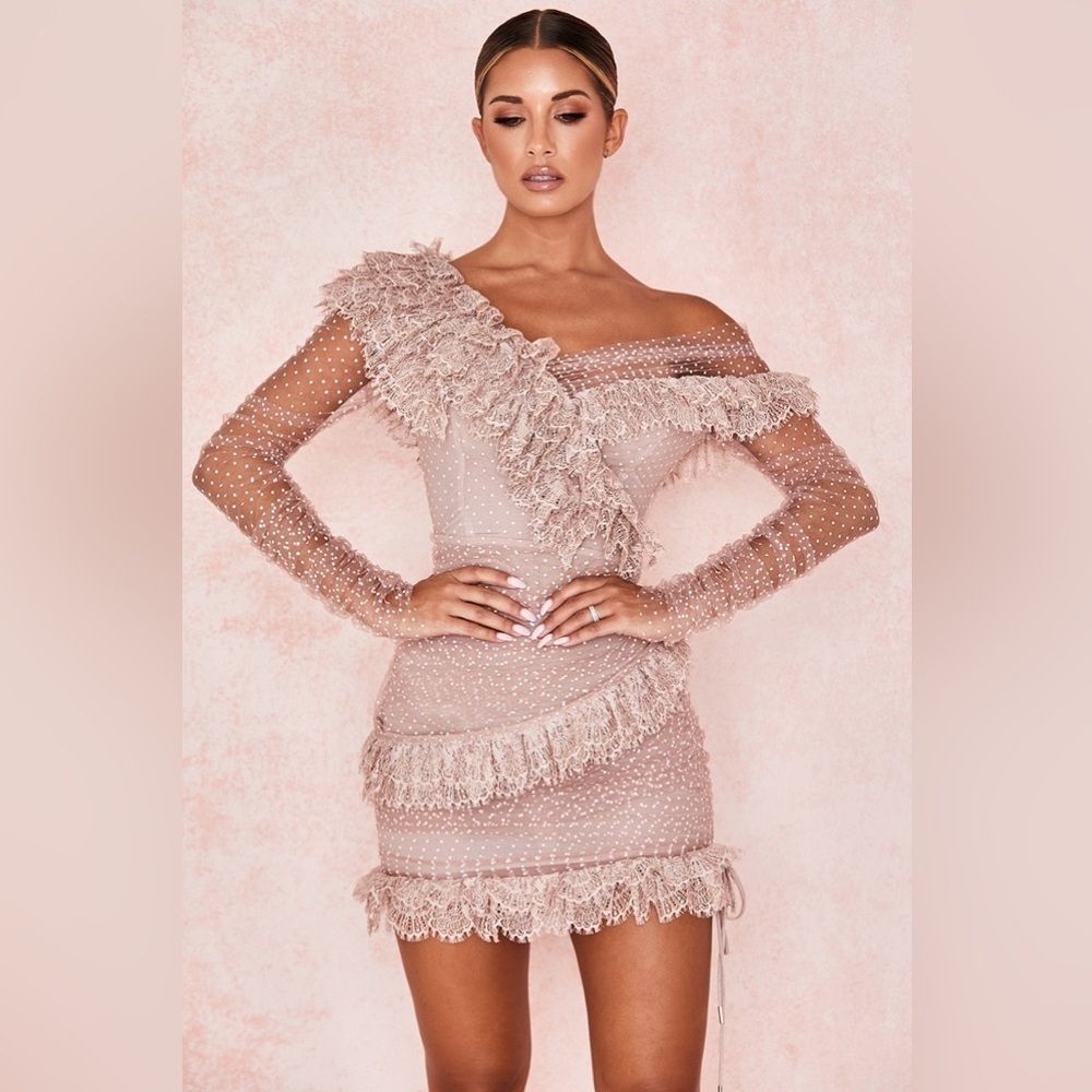 New! House of CB Sorrel Blush Lace Frill Mini Dress 🎀 Small - Picture 7 of 16